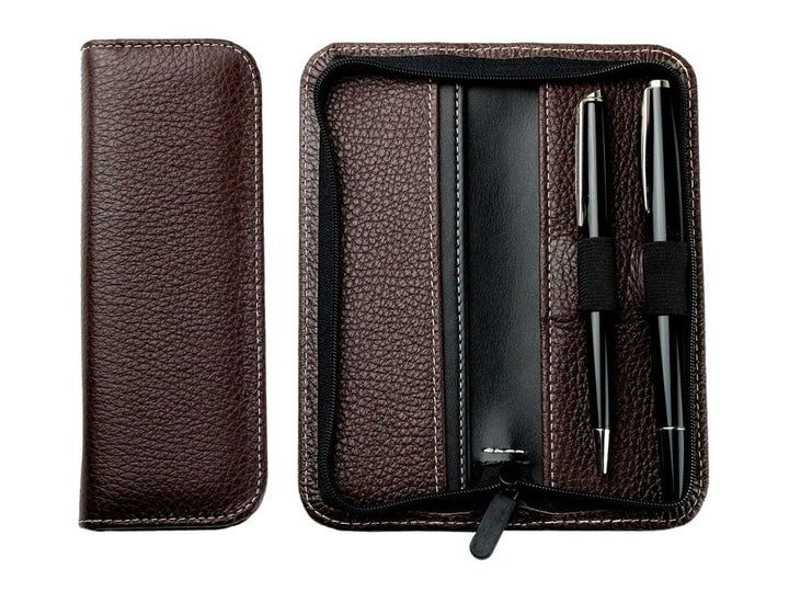 DELMON VARONE - Personalisierbares Schreibgeräte Etui Soft Grain Leder braun - Echtleder Stifteetui