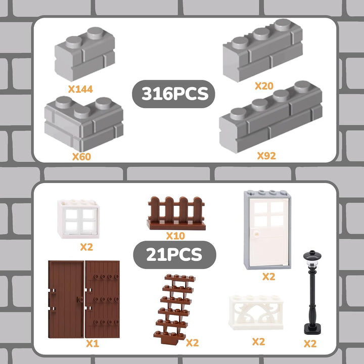 Cabeeskii 337 Stück Bausteine, Masonry Profile Bricks, Enthält Steine Fenster Türen Zäune Sets zubeh