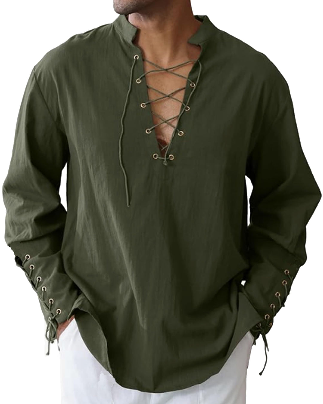 LUYANA Herren Mittelalter Hemd Leinenhemd Schnürung Piratenhemd Renaissance Wikinger Shirt Stehkrage