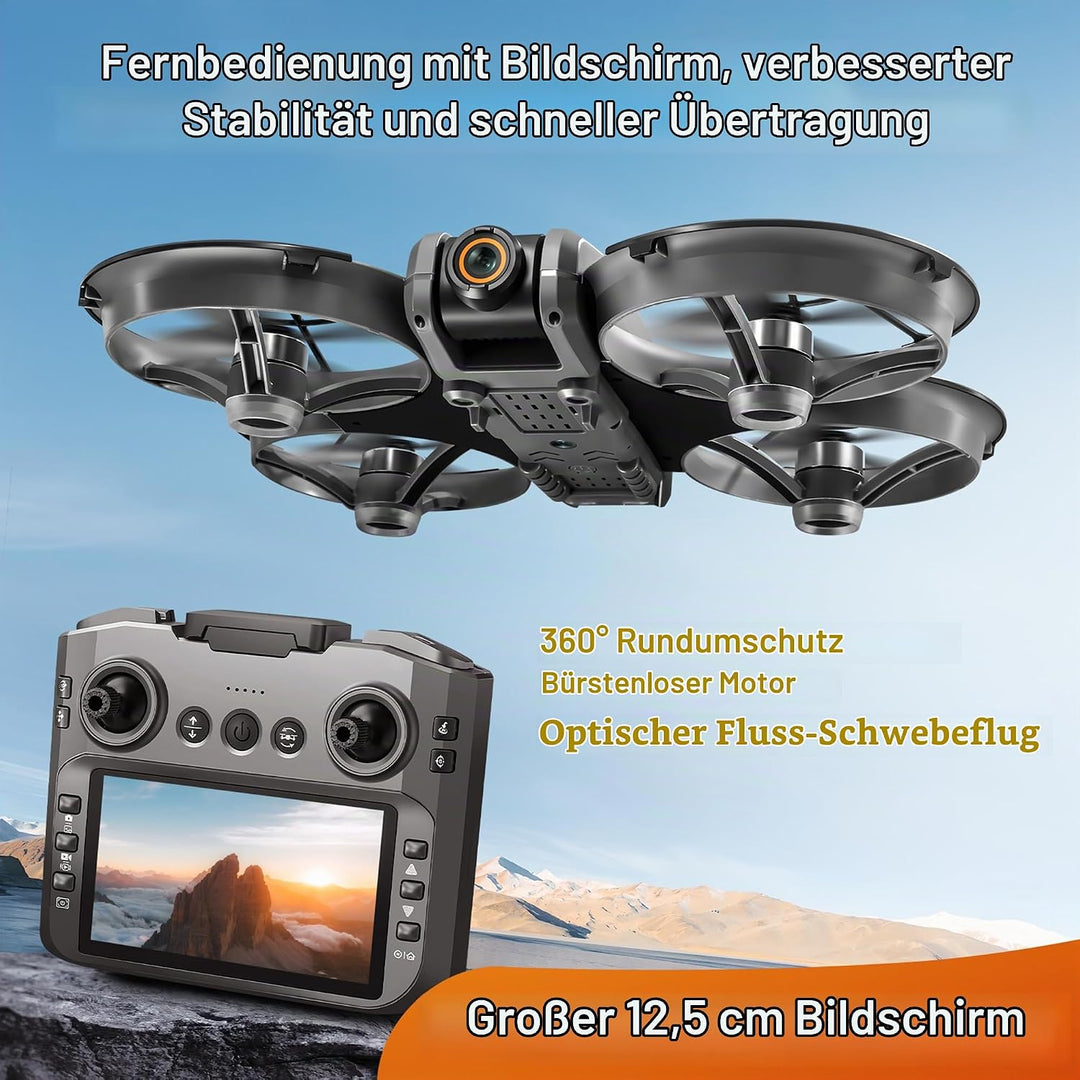 Drohne mit 4,9-Zoll-Bildschirm-Fernbedienung, HD-Dual-Kamera, bürstenlosem Motor, 360° Flips, optisc