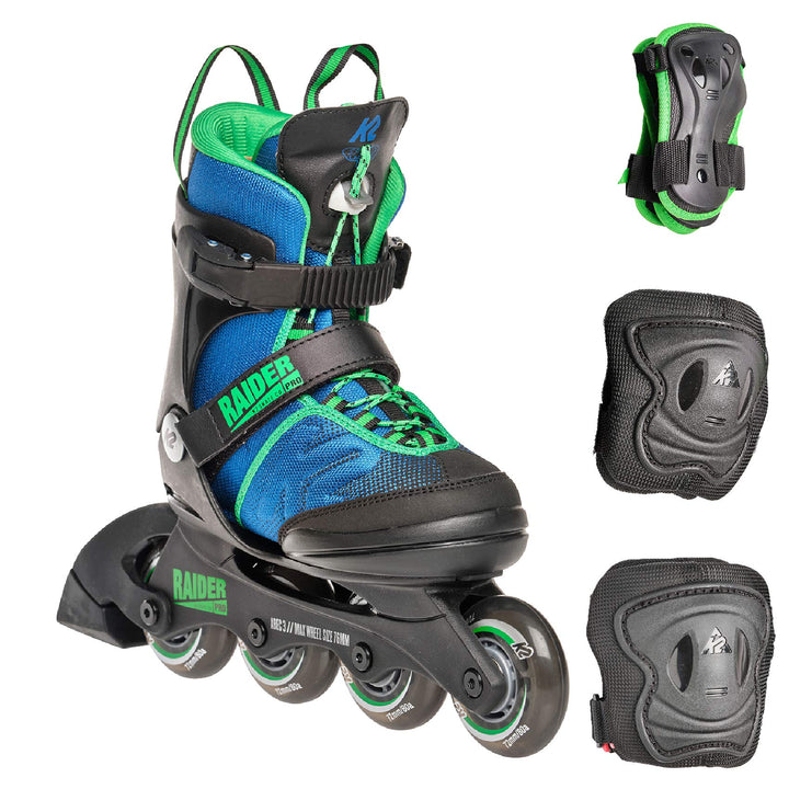 K2 Raider PRO Pack Kinder Inline Skate inkl. Schonerset Blue Green EU: 35-40 (UK: 3-7 / MP: 220 - 26