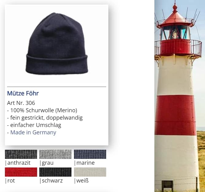 Leuchtfeuer Strickwaren Feinstrickmütze Föhr 306（anthrazit 100% Merinowolle, einfacher Umschlag，Made