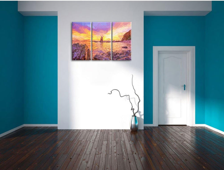 Pixxprint Küstenlinie mit schönen Sonnenuntergang Kunst Pinsel Effekt 3-Teiler Leinwandbild 120x80 B