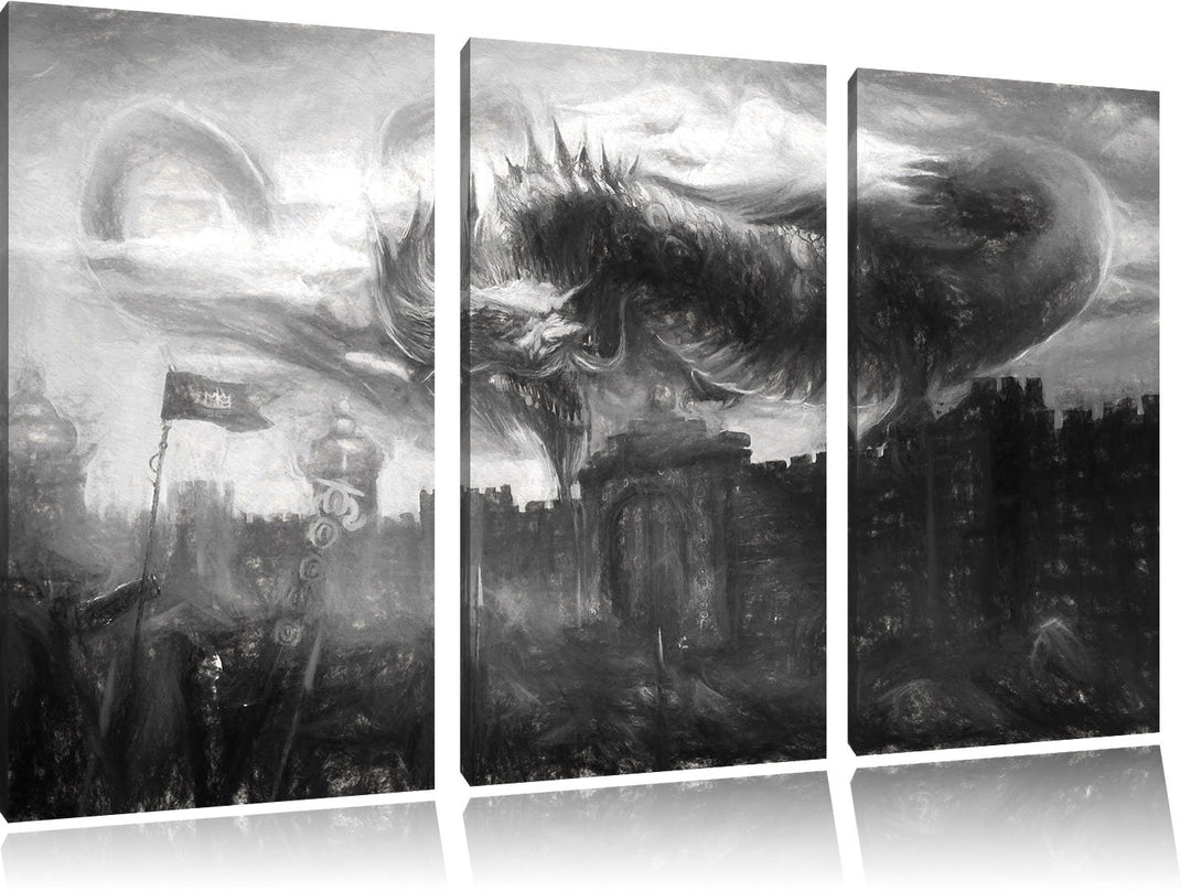 Pixxprint Drache über der Festung als Leinwandbild/Grösse: 3 Teilig (120x80 cm) cm/Wandbild/Kunstdru