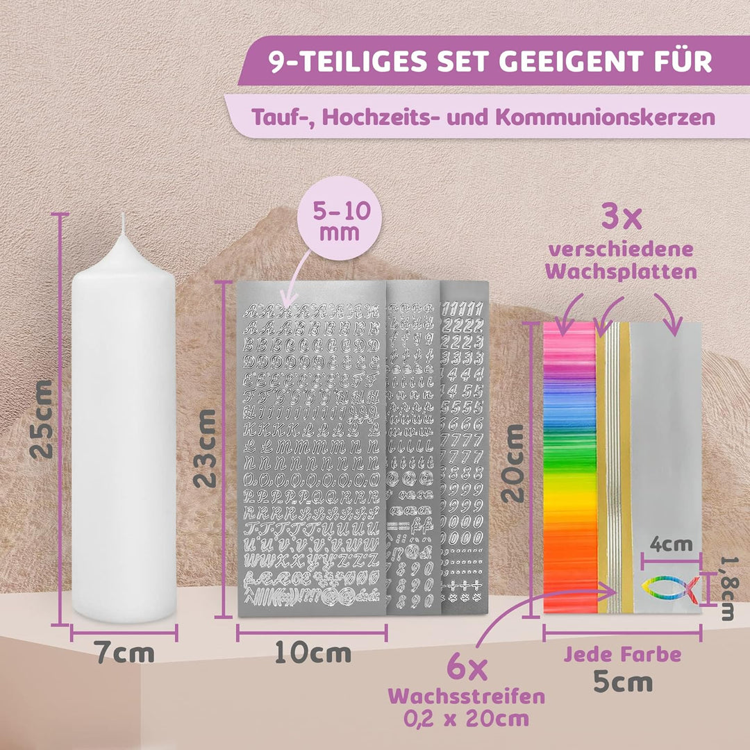 WIKAKERZEN Taufkerze selber Machen Set mit Kerzen-Rohling Buchstaben und Wachsplatten mit Wachsmotiv