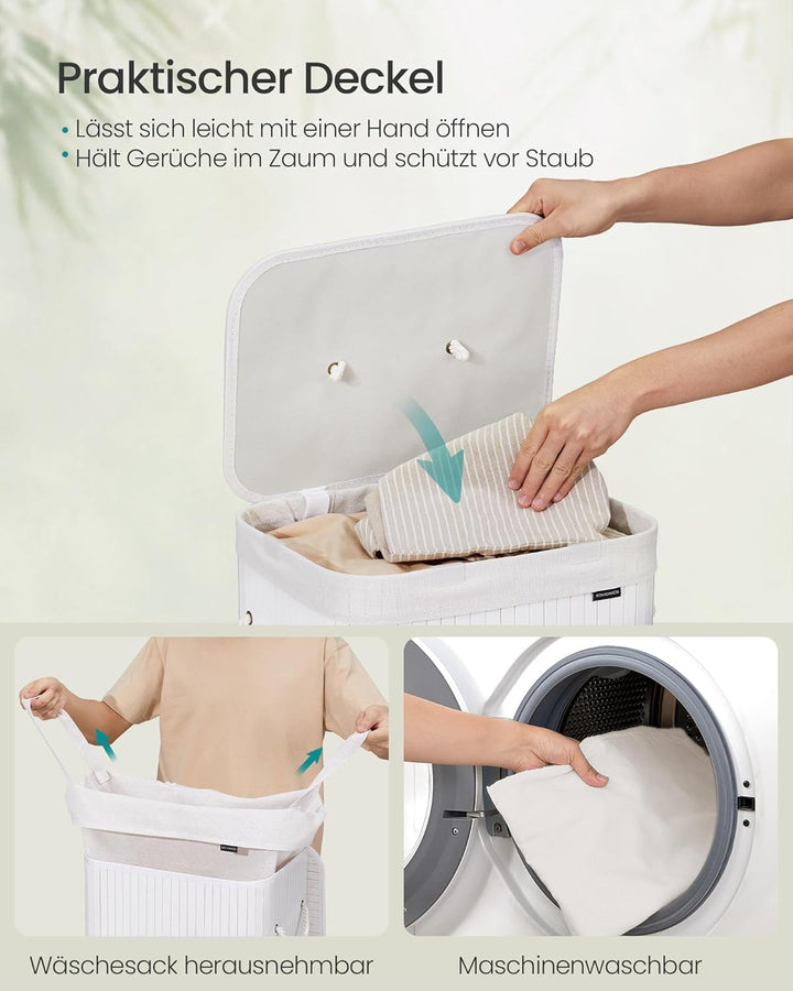 SONGMICS Wäschekorb mit Deckel, 72 l, Wäschekorb aus Bambus, faltbar, mit abnehmbarem waschbarem Wäs