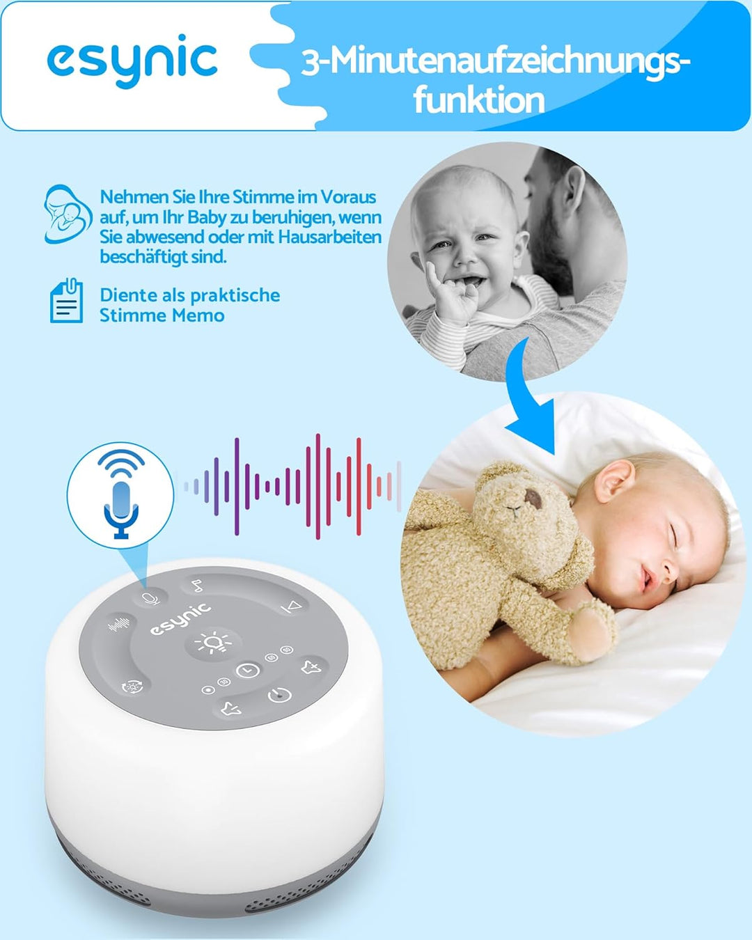 eSynic White Noise Machine Baby Weisses Rauschen Einschlafhilfe LED Nachtlicht Stilllicht mit 30 Klä