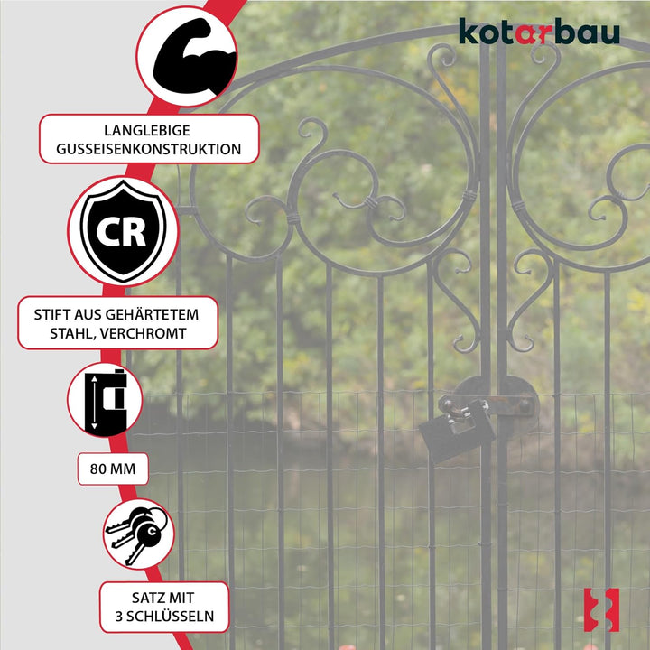 KOTARBAU® Gusseisen Vorhangschloss 80 mm Monoblock Vorhängeschloss mit Bolzen Einbruchsicherung Büge