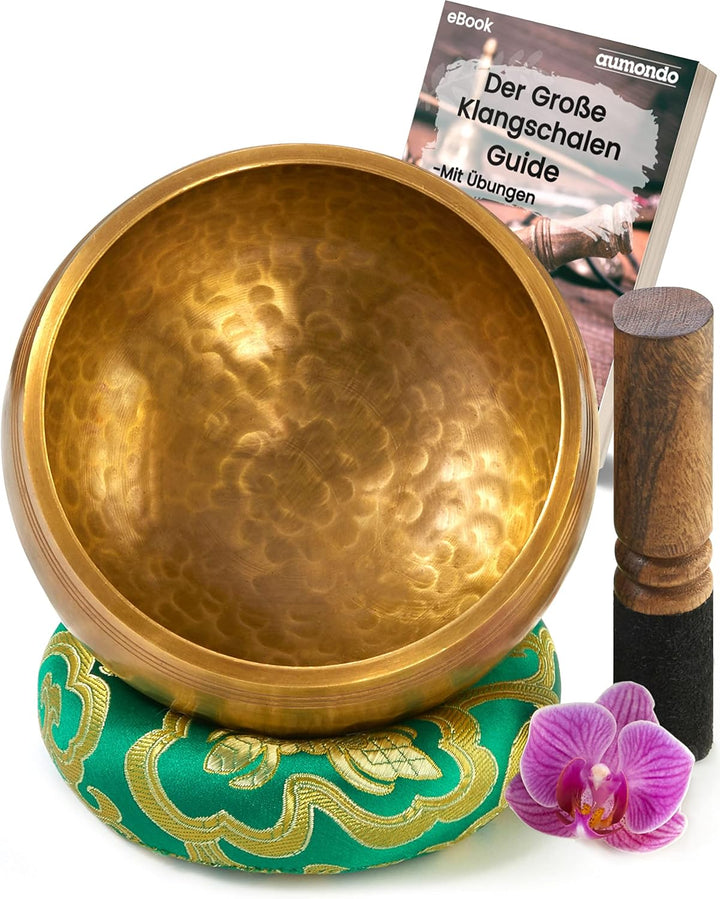 Grosse Original Tibetische Klangschale - 13cm. Klangschalen Set mit eBook, Klöppel, Klangschalenkiss
