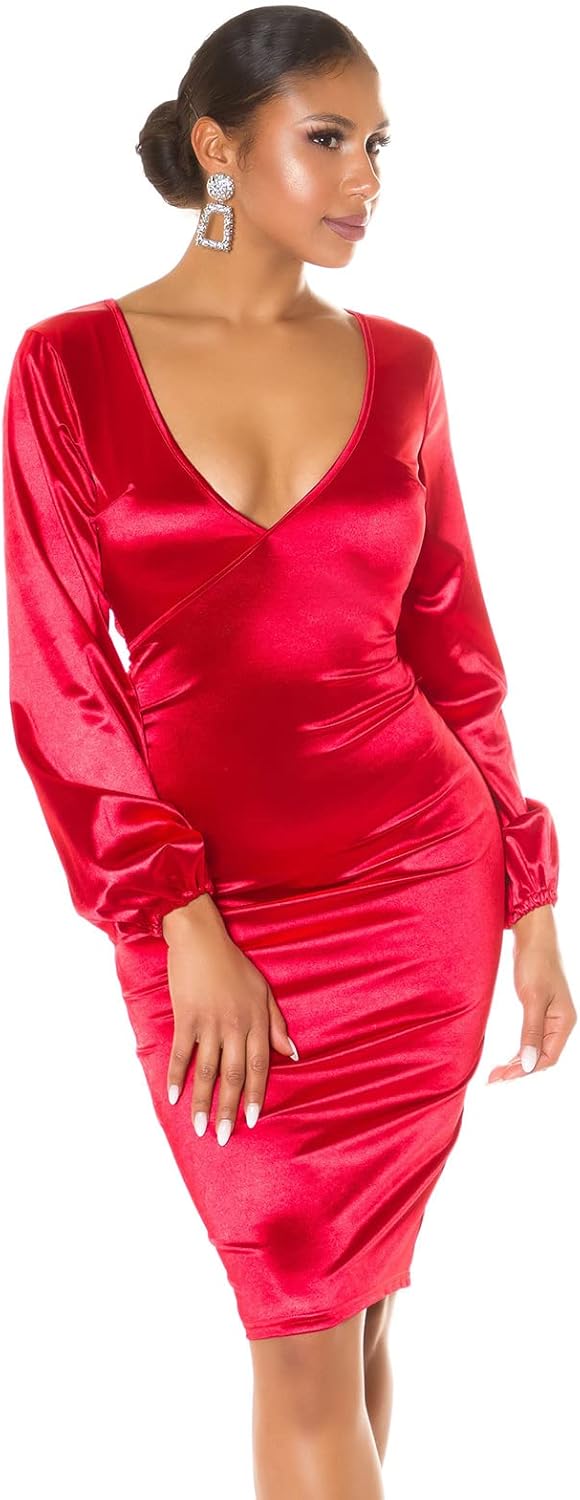 Koucla Rückenfrei Satin Look V-Neck Midi Cocktail Kleid mit Deko Schleife M Rot, M Rot