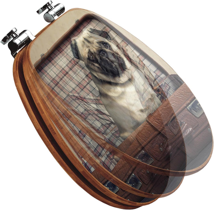 banjado® Design WC Sitz Bambus Absenkautomatik mit Motiv Mops im Koffer/Toilettendeckel mit Absenkau
