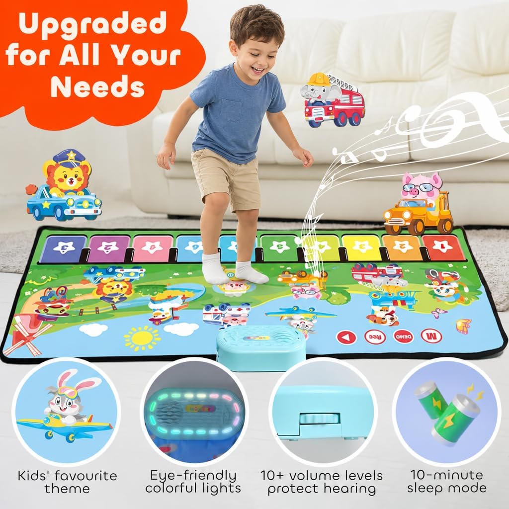MOMUSE Baby Spielzeug ab 1 Jahr mit 80 Tönen, Grosse Musikmatte mit 10 Tiere &amp; 10Autos, Klaviermatte