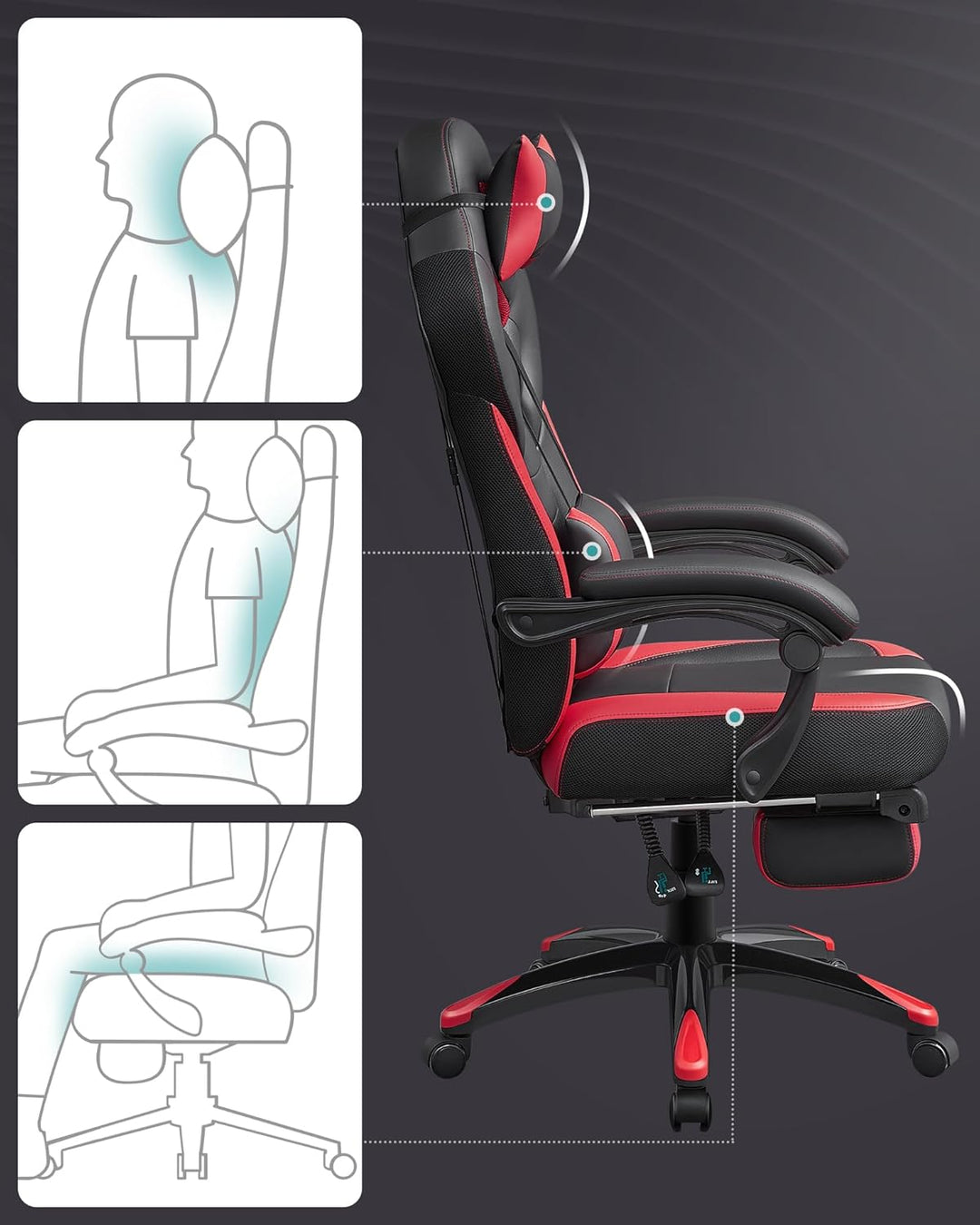 SONGMICS Ergonomischer Gamer-Sessel, Gaming-Stuhl, Bürostuhl, mit Teleskop-Fussstütze, verstellbare