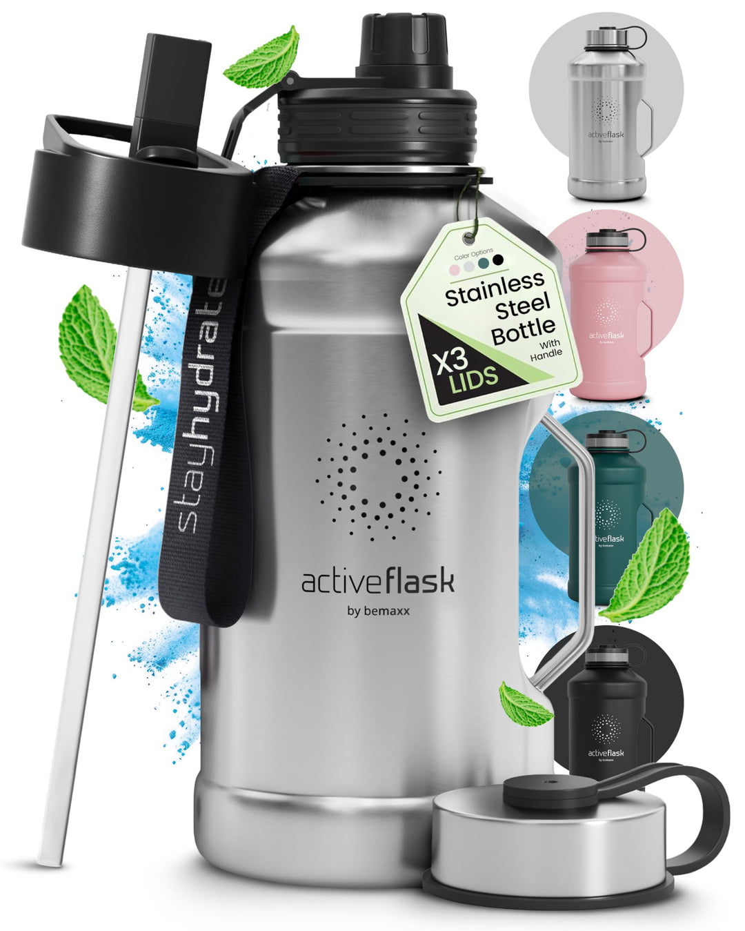 Trinkflasche Edelstahl ACTIVE FLASK + Strohhalm (3 Deckel) | Grosse 1,3 / 2,2 Liter Sportflasche BPA