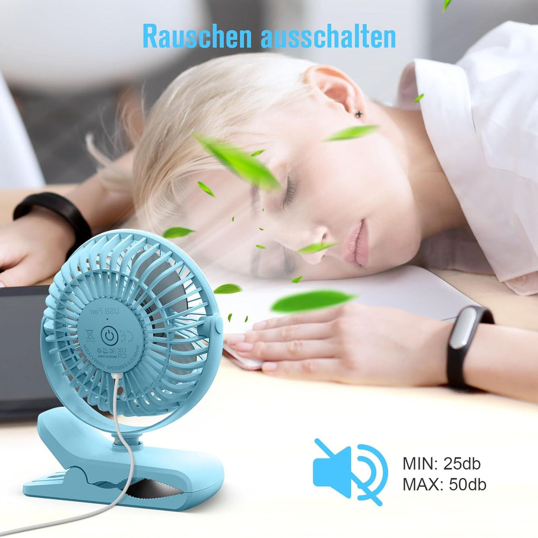 HONYIN Mini Ventilator mit Clip, 720 Grad Drehung Kleiner USB Ventilator, Starke + Stabile Klammer,