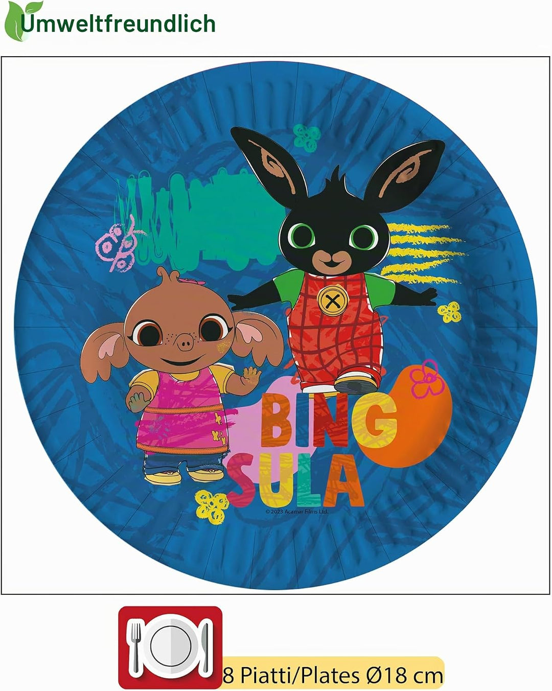 Ciao - Partygeschirr Party-Set Bing Sketch für 8 Personen (44 pcs: 8 Pappteller Ø23cm, 8 Pappteller