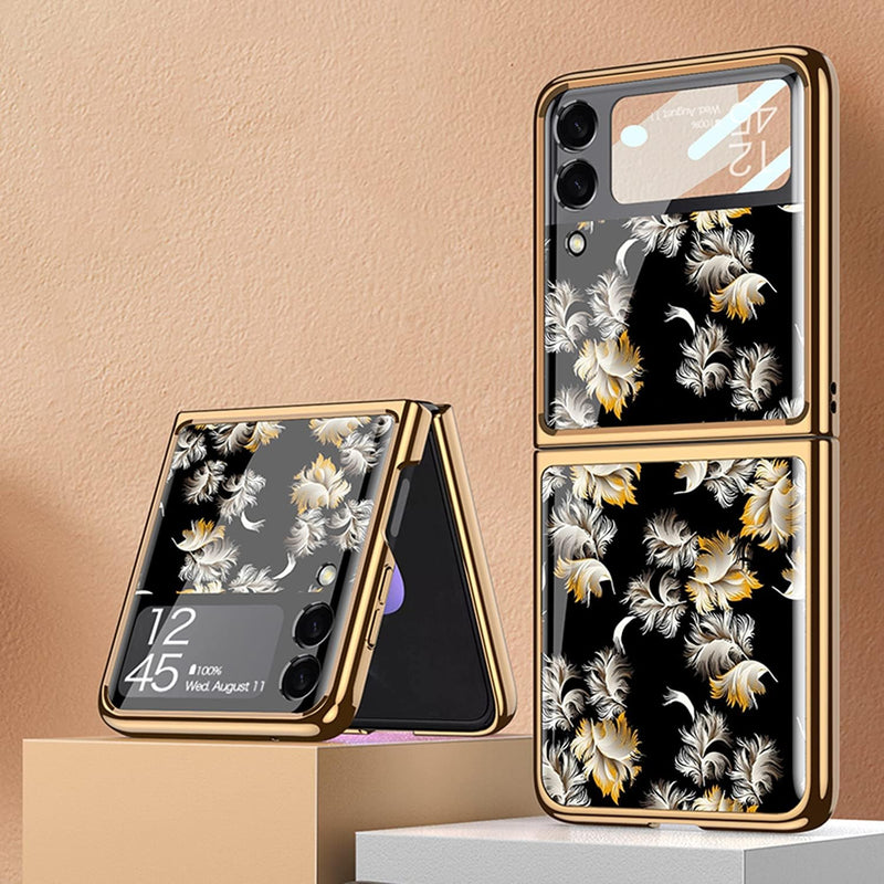 COQUE Galaxy Z Flip 3 5G Hülle,9H gehärtetes Glas Glänzend farbige Blumen Handyhülle, klappbare Hand