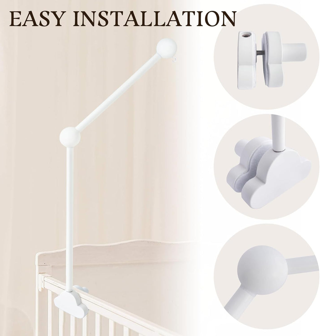 Mobile Halterung Holz für Babybett, Mobile Ständer Weiss Wolken Design, 360°Drehbar Baby Mobile Aufh
