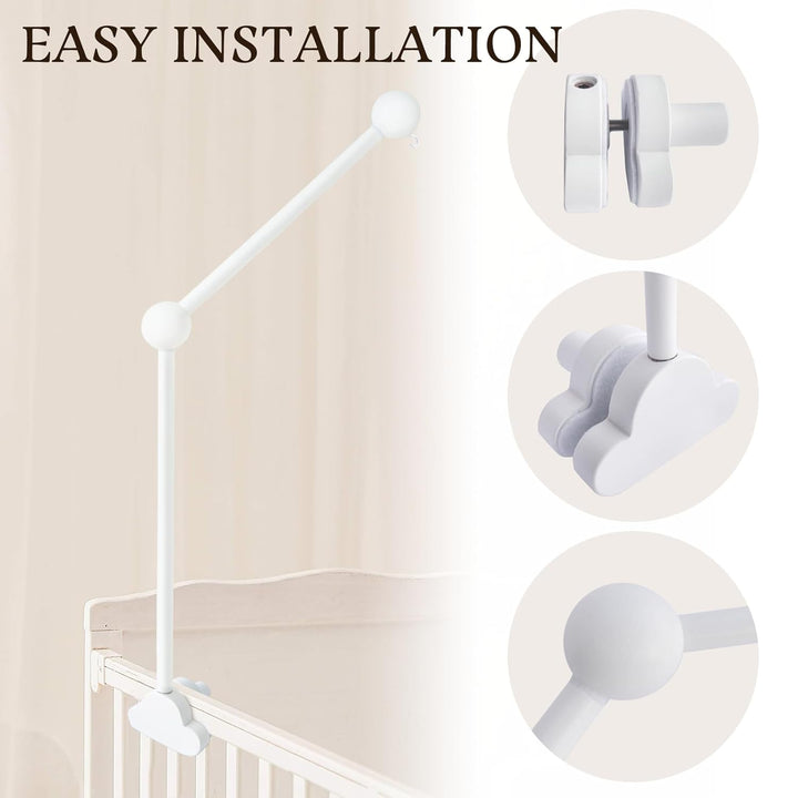 Mobile Halterung Holz für Babybett, Mobile Ständer Weiss Wolken Design, 360°Drehbar Baby Mobile Aufh