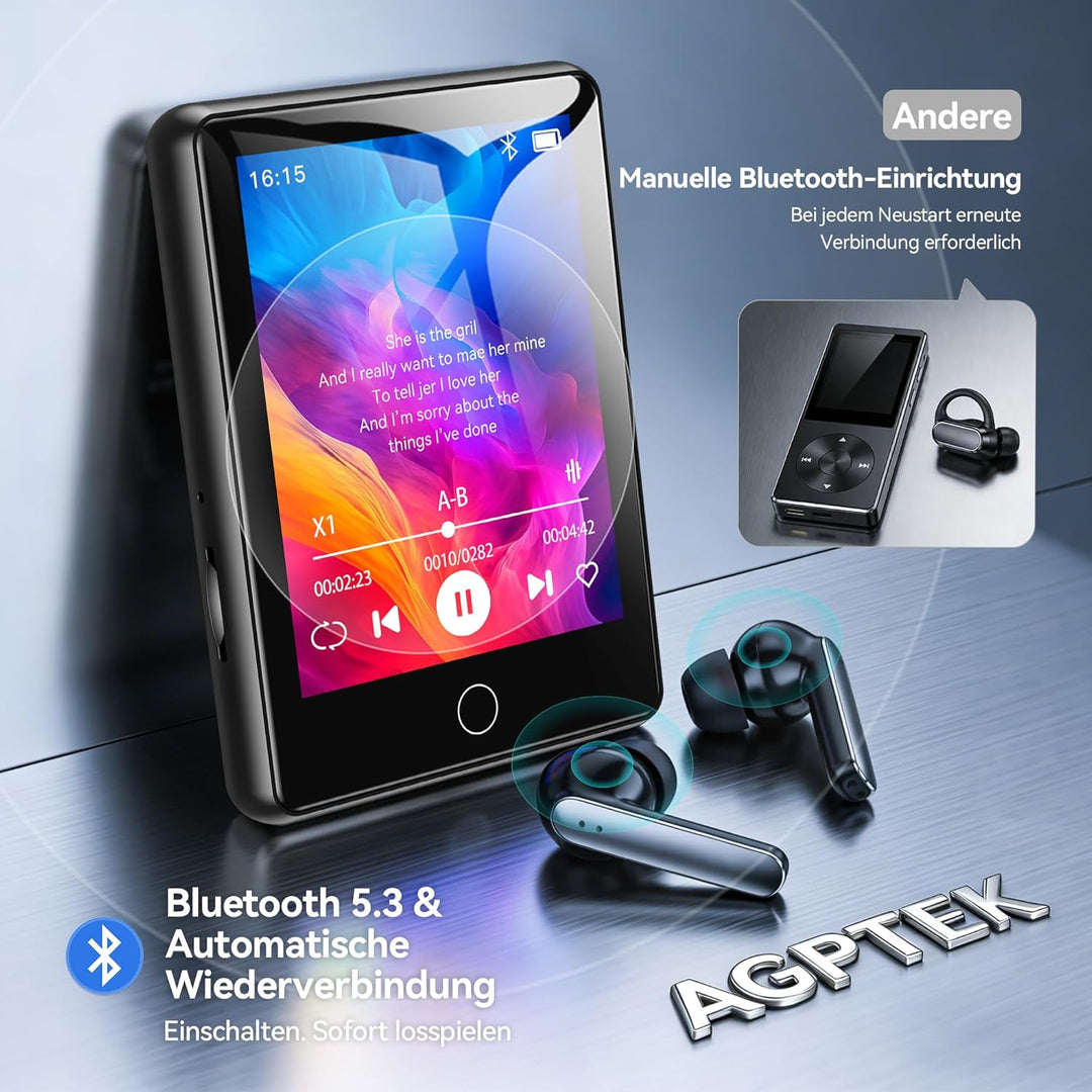 AGPTEK MP3 Player Bluetooth 5.3, 2,8 Zoll Full-Touchscreen Musik Player, Tragbarer HiFi Kinder MP3 P