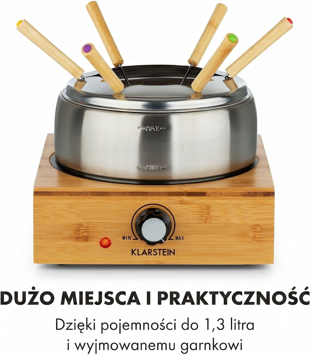 Klarstein Bambus Fondue, 800 Watt, Edelstahl-Topf, Gerätebasis aus Bambus, Füllmenge 1,3 Liter max.,