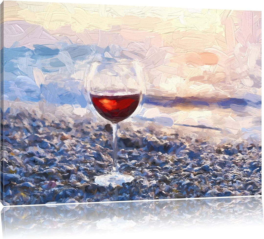 Pixxprint Weinglas am Strand / 100x70cm Leinwandbild bespannt auf Holzrahmen/Wandbild Kunstdruck Dek