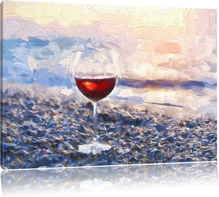 Pixxprint Weinglas am Strand / 100x70cm Leinwandbild bespannt auf Holzrahmen/Wandbild Kunstdruck Dek