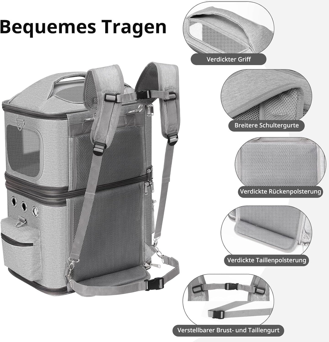 Abnehmbarer Katzenrucksack für 2 Katzen bis 12kg, Grau