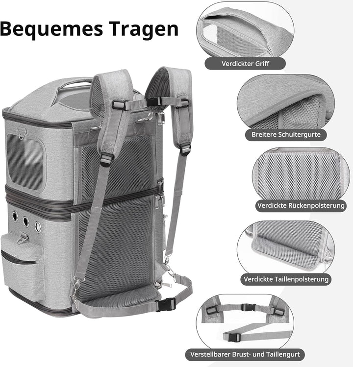 Abnehmbarer Katzenrucksack für 2 Katzen bis 12kg, Grau
