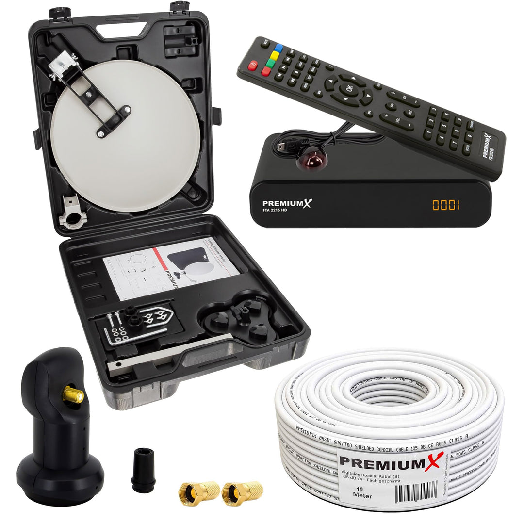 PremiumX Camping SAT Anlage HD TV Satelliten Receiver Single LNB 10m Kabel 2X F-Stecker kompakt im K