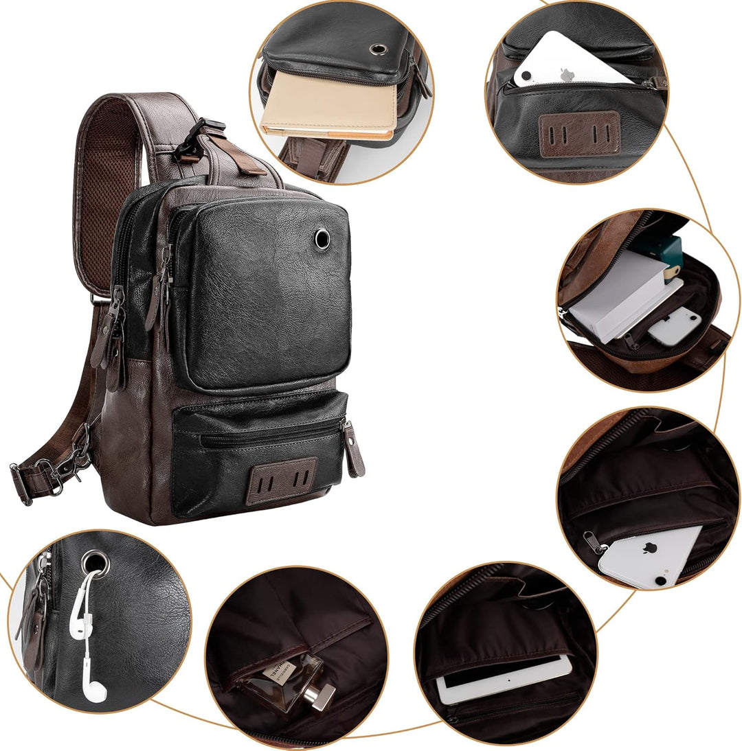 AONEGOLD Herren Brusttasche Vintage PU Leder Schultertasche Sling Chest Crossbody Bag Wasserdicht Le