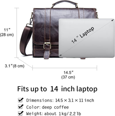 Contacts Echtes Leder 14" Herren Messenger Schultertasche Laptop Aktentasche Kaffee, Kaffee