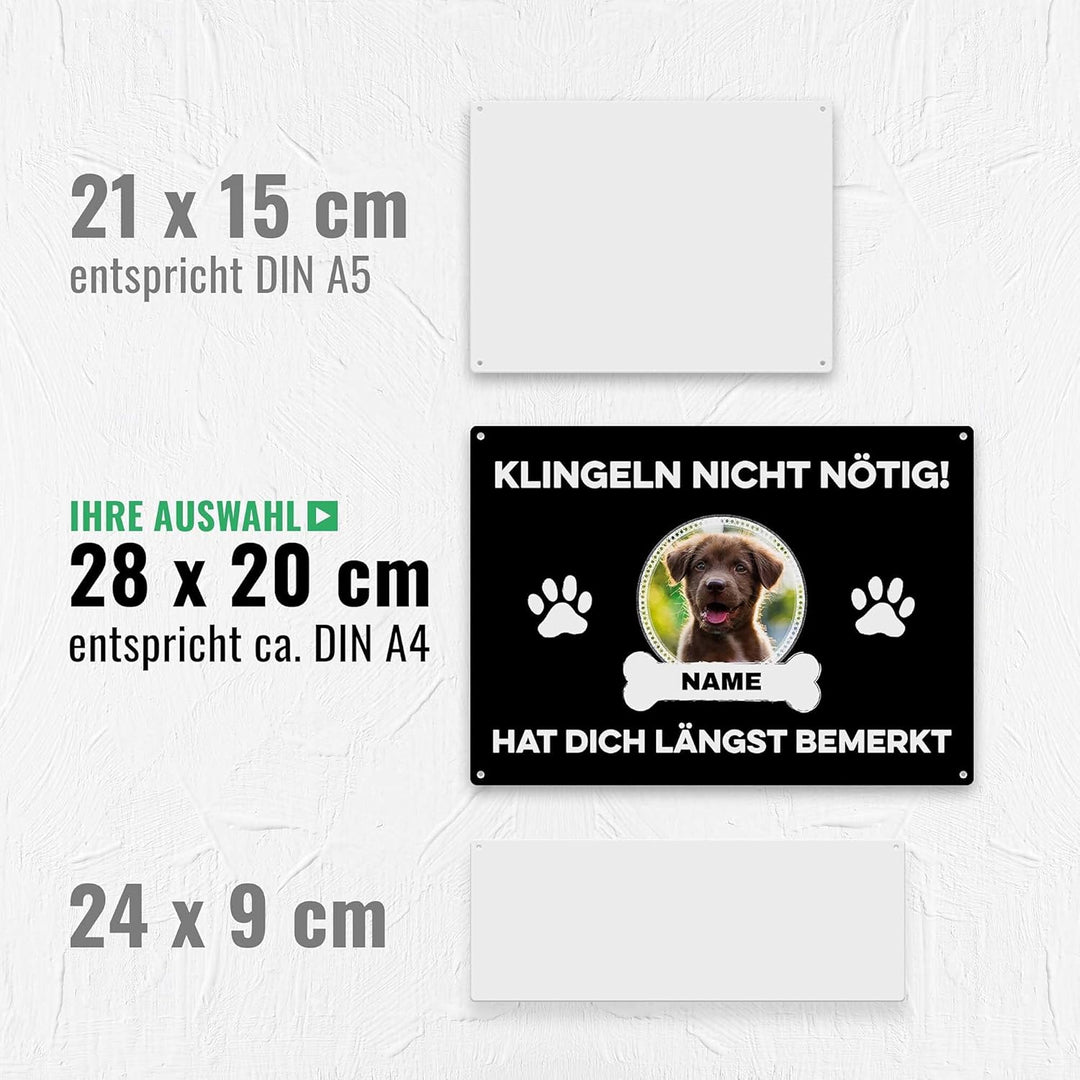 Hunde Schild personalisiert - Klingeln nicht nötig - Metallschild mit Foto und Name für aussen, wett