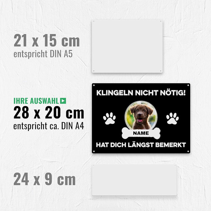 Hunde Schild personalisiert - Klingeln nicht nötig - Metallschild mit Foto und Name für aussen, wett