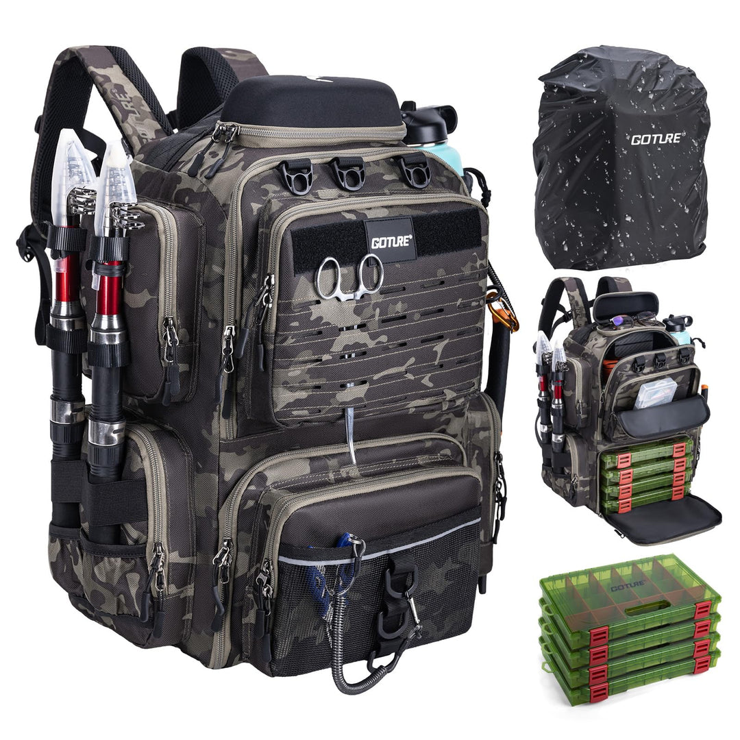 Goture Angelrucksack 45L, 4 Köderboxen, wasserdicht, Rutenhalter, Outdoor Schwarz Grau Tarn mit 4 Kö