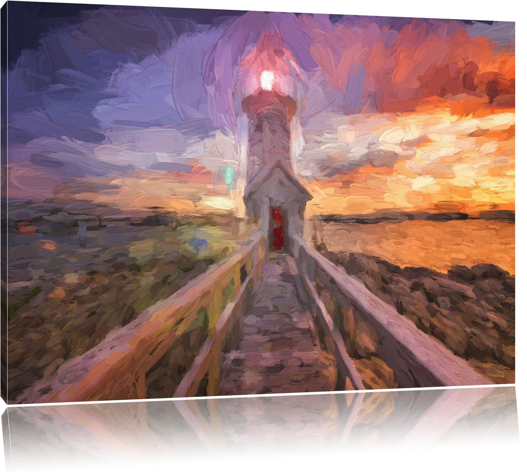 Pixxprint Leuchtturm bei Sonnenuntergang Pinsel Effekt, Format: 100x70 auf Leinwand, XXL riesige Bil