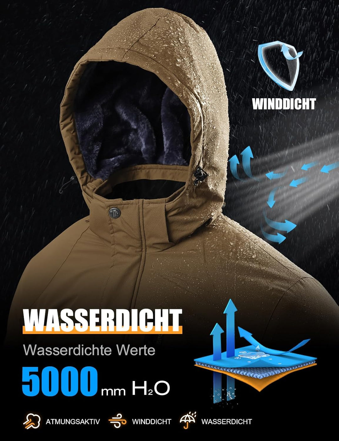 YSENTO Herren Winterjacke wasserdichte Warme Fleece Gefüttert Outdoor Softshelljacke Atmungsaktiv Sk