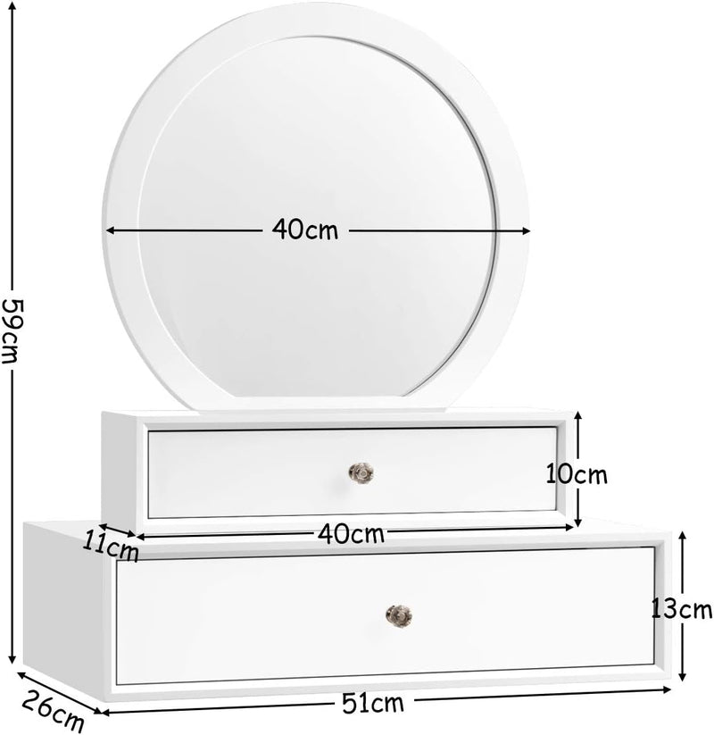 COSTWAY Spiegel mit 2 Schubladen Schminktisch Runder Schminkspiegel Spiegelschrank Frisiertisch Kosm