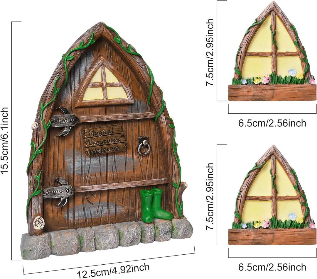 Pumwoy Feentür Wichteltür 1 Wichteltür + 2 Wichtelfenster, Wichteltür Gartendeko Leuchten im Dunkeln