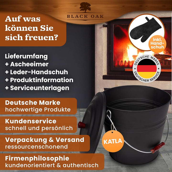 BLACK OAK Ascheeimer Katla 15L mit Lederhandschuh – schwarz Deckel mit Holzknopf - gross 15 Liter -