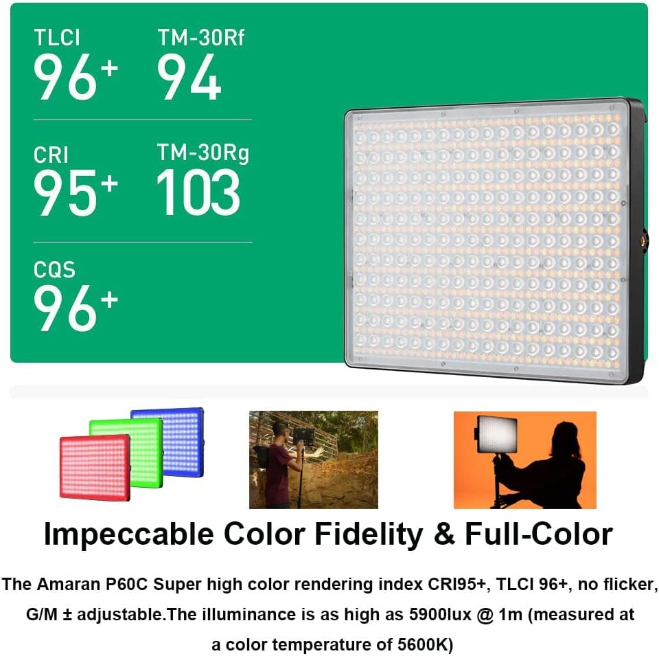 Aputure Amaran P60C RGBWW Full-Color Videoleuchte LED Panel, CRI95+ TLCI 96+ 2500-7500K 60W, unterst