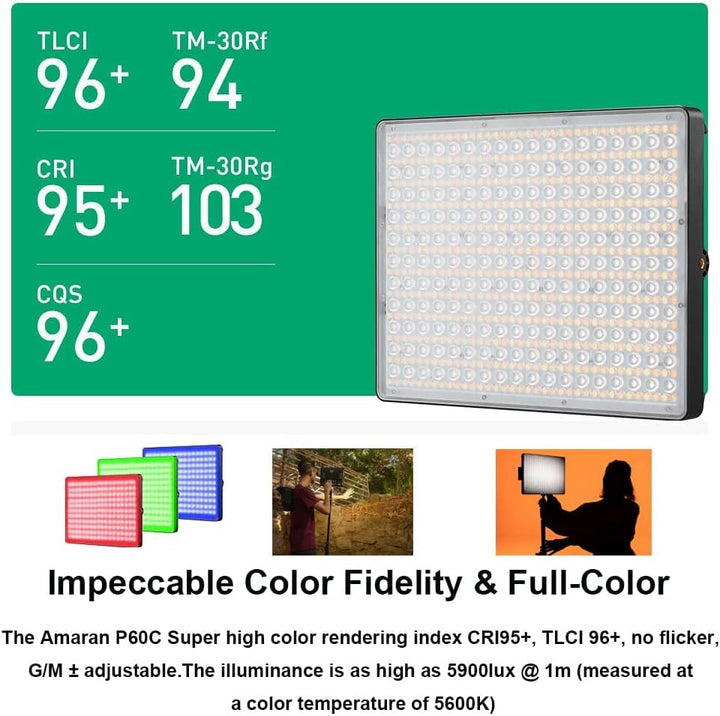 Aputure Amaran P60C RGBWW Full-Color Videoleuchte LED Panel, CRI95+ TLCI 96+ 2500-7500K 60W, unterst
