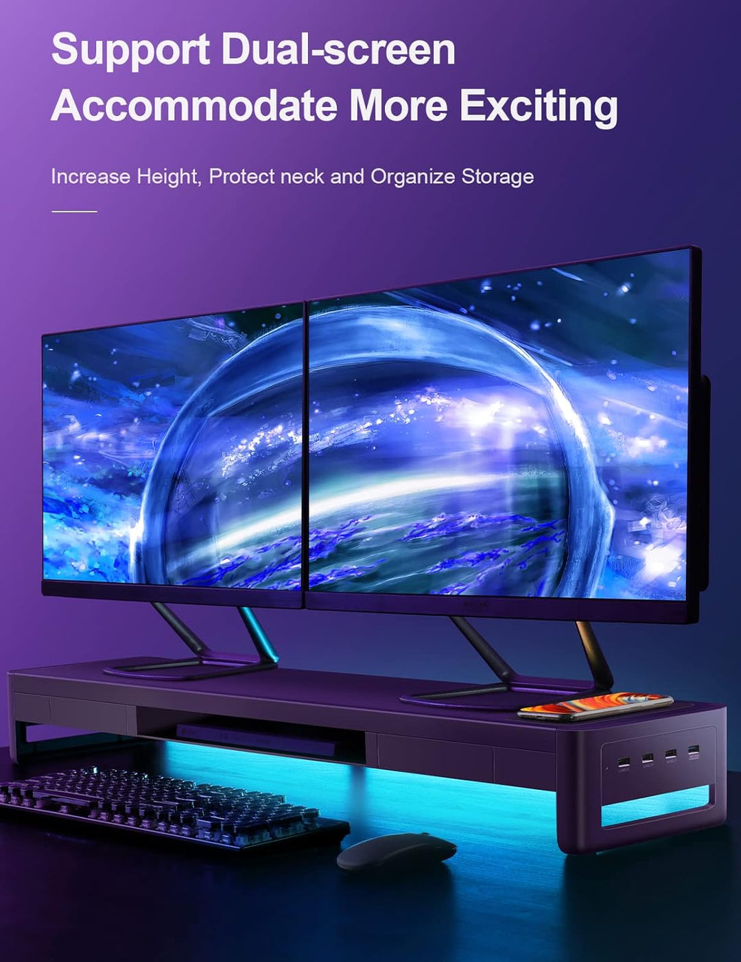 Meatanty 3 in 1 Dual Monitorständer mit 2 Schubladen, 1 kabelloses Lademodul und 4 USB Anschlüssen,