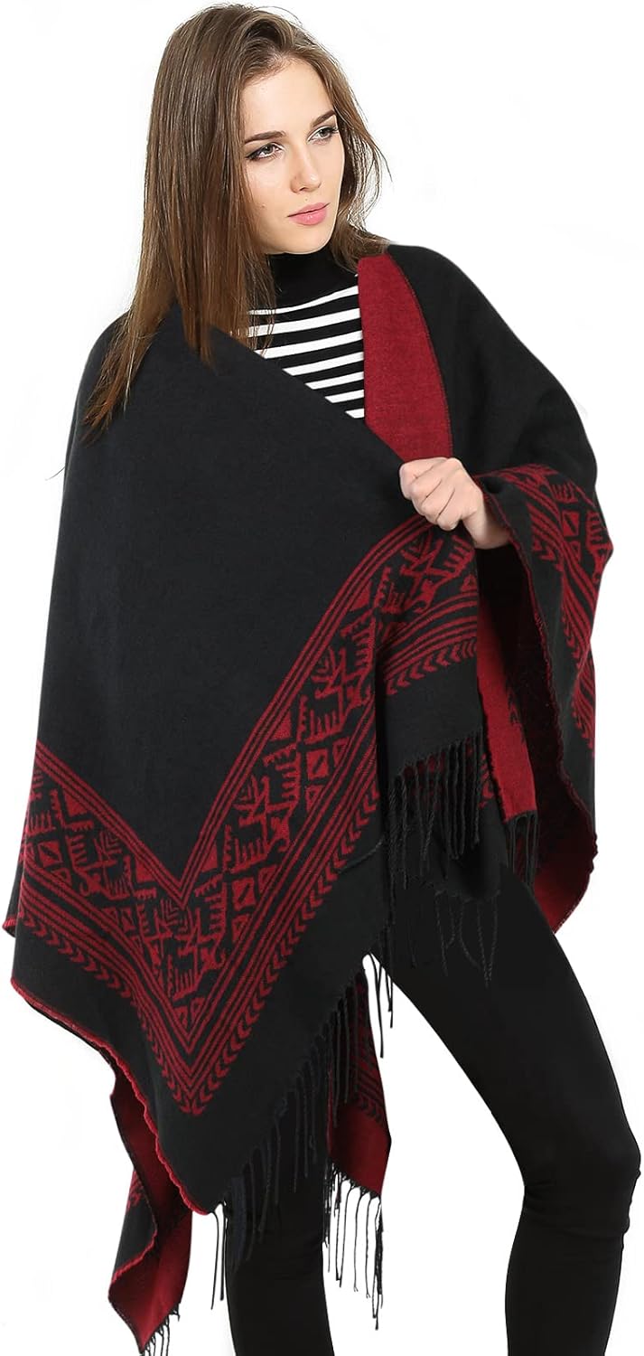 Superora Damen Poncho Cape Umhängetuch Stola Strick-Pullover Karierte Deckenschal Sweatshirt Schal m