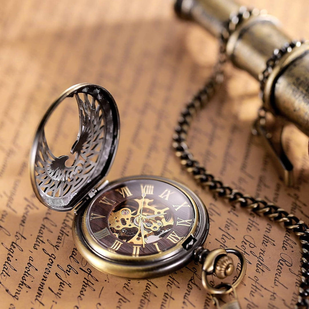 TREEWETO Unisex Taschenuhr mit Kette Analog Handaufzug Adler Skelett R?mische Ziffern Bronze