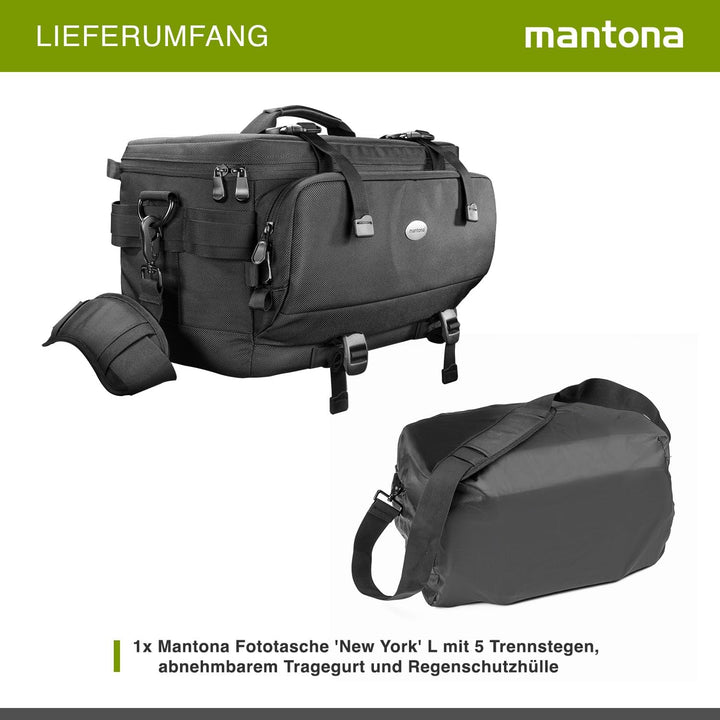 Mantona New York Fototasche (inkl. 5 Trennstegen, abnehmbarem Tragegurt und Regenschutzhülle) schwar