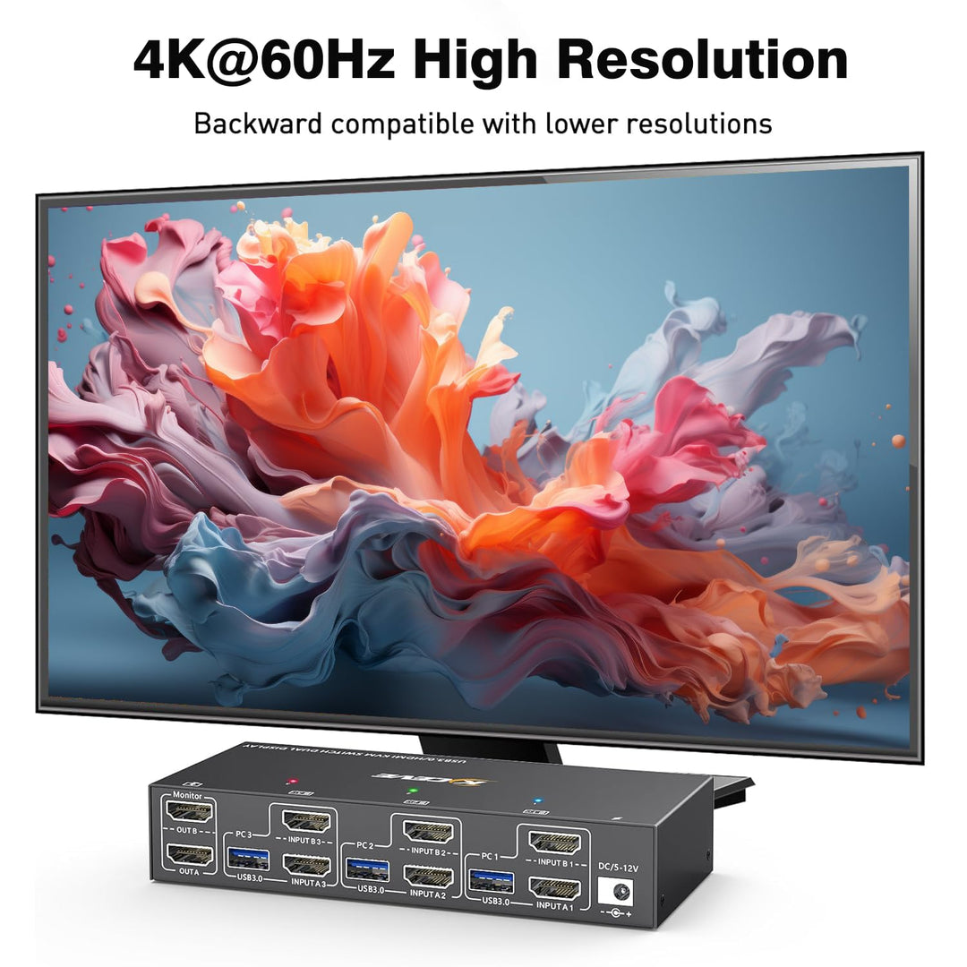 USB3.0 KVM Switch 3 PC 2 Monitore 4K@60Hz EDID Emulator, KVM Switch HDMI 2K@120Hz für 3 PC-Teilen si