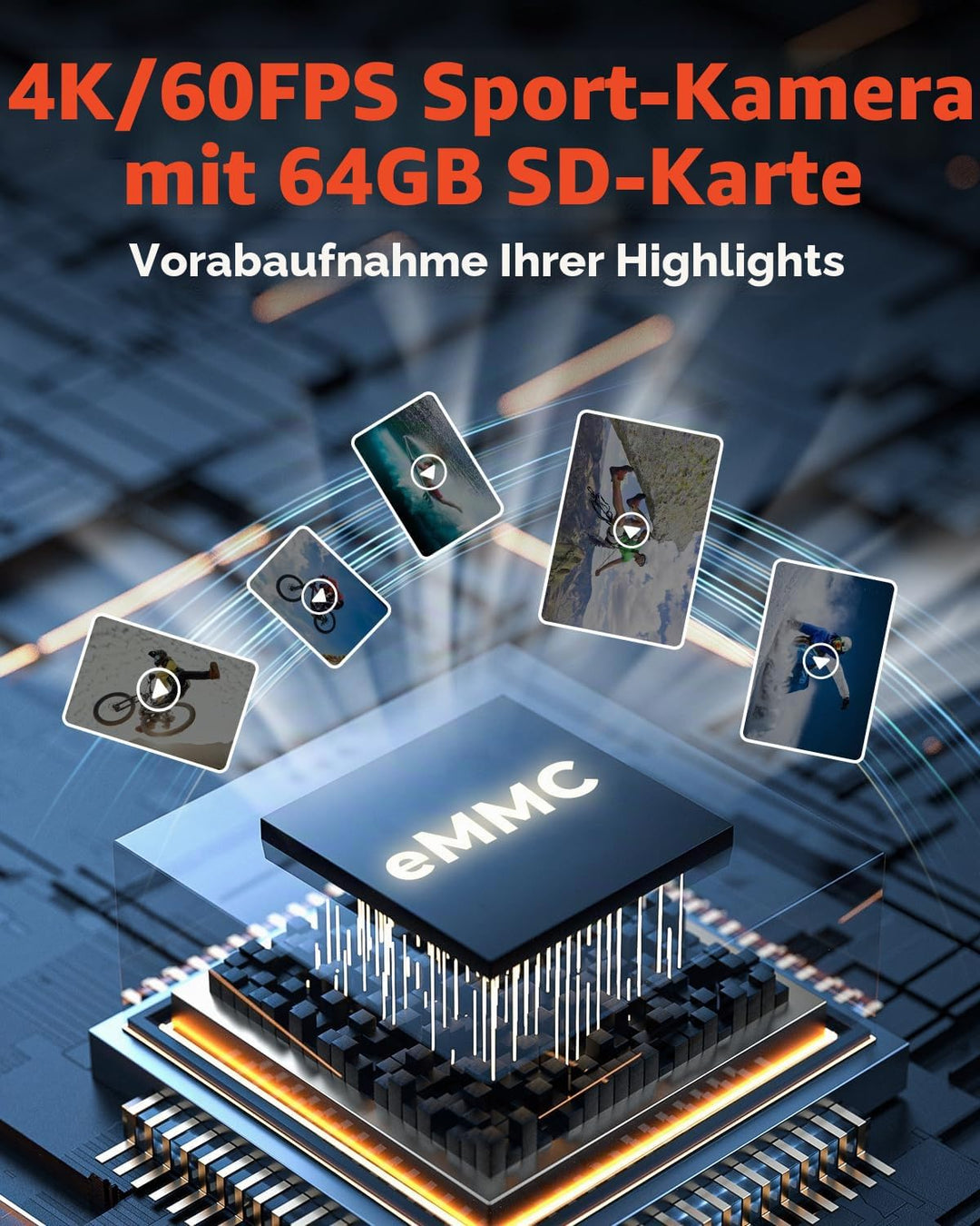 4K60FPS 24MP Action Cam, Touchscreen Sportkamera mit 64GB SD-Karte, Unterwasserkamera 131FT Wasserdi