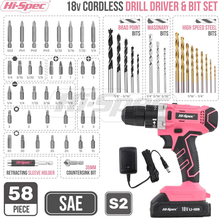 Hi-Spec 58-tlg. 18V-Akkubohrer in Pink Rosa mit S2 Bit Satz. DIY Akkuschrauber, Bohrmaschine für Met