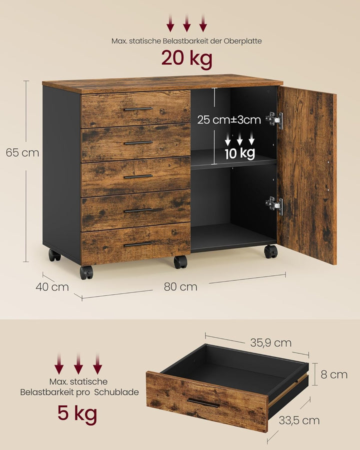 VASAGLE Rollcontainer, mobiler Aktenschrank, Schubladenschrank, Schrank mit Tür, Druckerständer mit